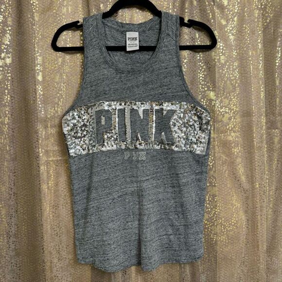 PINK Victorias Secret Gray Silver Sequin Bling Open Back Tank Top Small - Picture 1 of 6